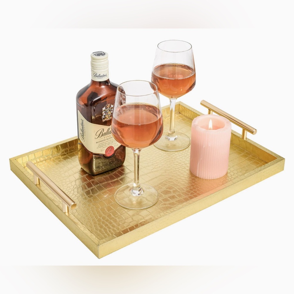 Set of 2 Modern Elegant Large Wood Serving Tray, Rectangle Decorative Tray Gold